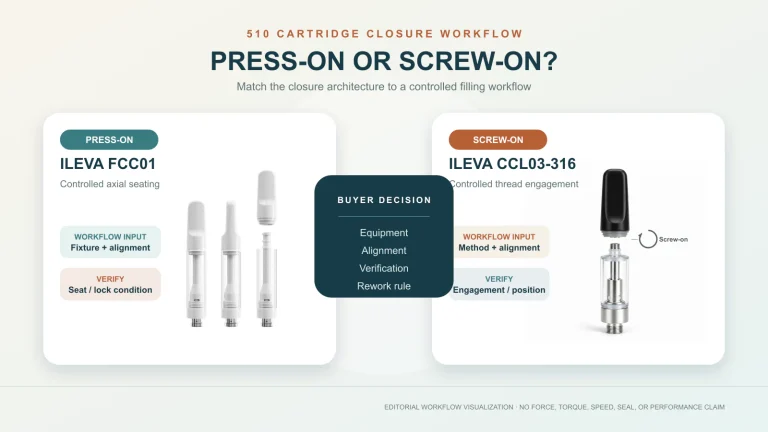 ILEVA FCC01 press-on and CCL03-316 screw-on 510 cartridge mouthpiece workflows compared