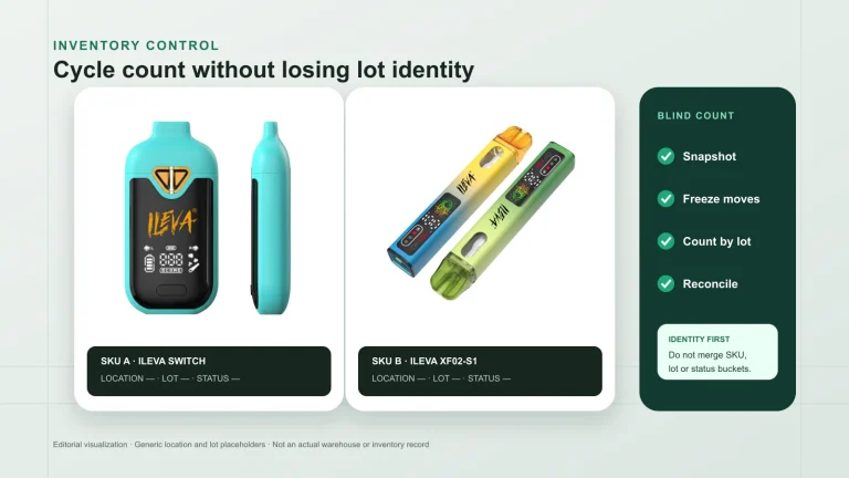 ILEVA SWITCH and XF02-S1 represented as distinct SKUs in a lot-controlled cycle-count workflow