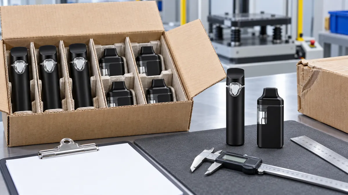 ILEVA C-DUAL and MUHA disposable vape carton pack-out and post-transport QC inspection