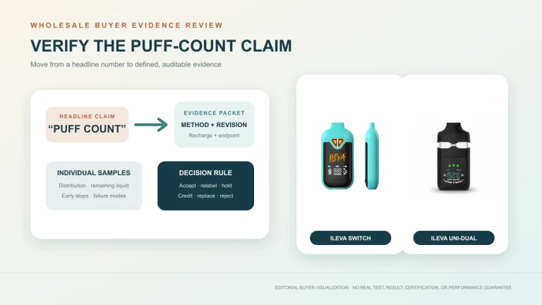 ILEVA SWITCH and UNI-DUAL illustrating buyer verification of disposable vape puff-count claims